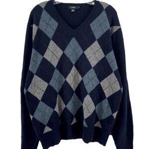 J. Crew Navy Gray Argyle Lamb Wool Pullover Sweater size XL